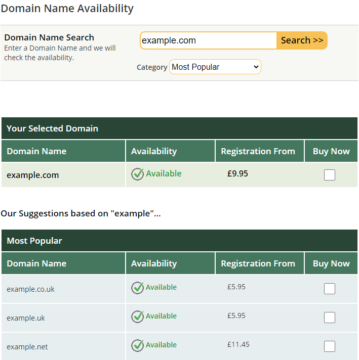 Domain Name Availability page