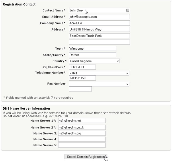 Submit Domain Name Registration