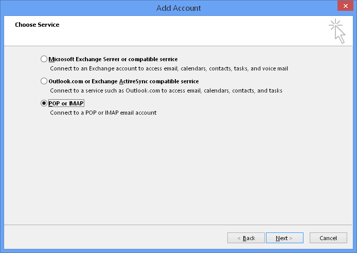 For the Choose Service select POP or IMAP and then click Next >
