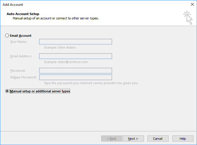 On the Auto Account Setup window select Manually configure server settings or additional server type...