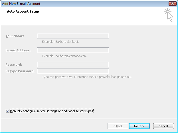On the Auto Account Setup window select Manually configure server settings or additional server type and then click Next >