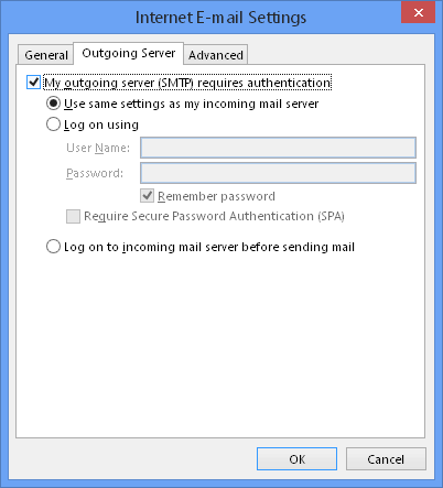 Internet E-mail Settings go to the Outgoing Server tab